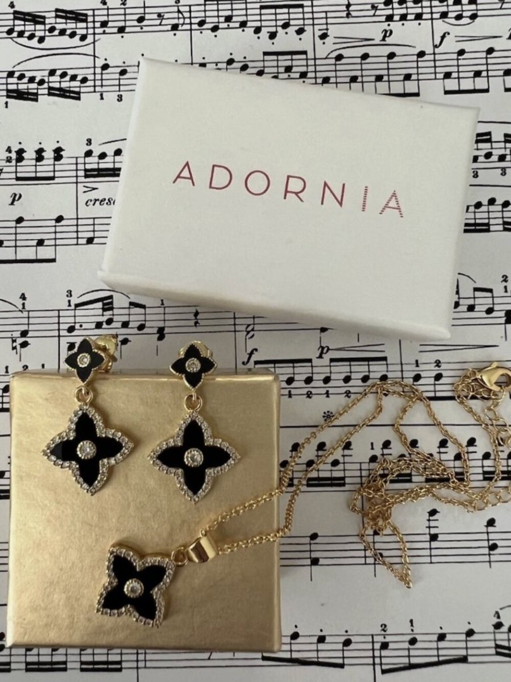 NWOT-Adornia Black Clover Necklace & Earrings Set Gold Tone Crystal